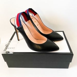 Gucci Sylvie Pumps Web Stripe Black Slingback Heels Size 41, 11